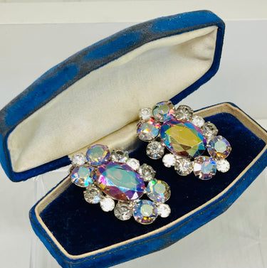 Large AB Rhinestone 1960s Silver Tone Clip Earrings Jewelry Bloomers and Frocks